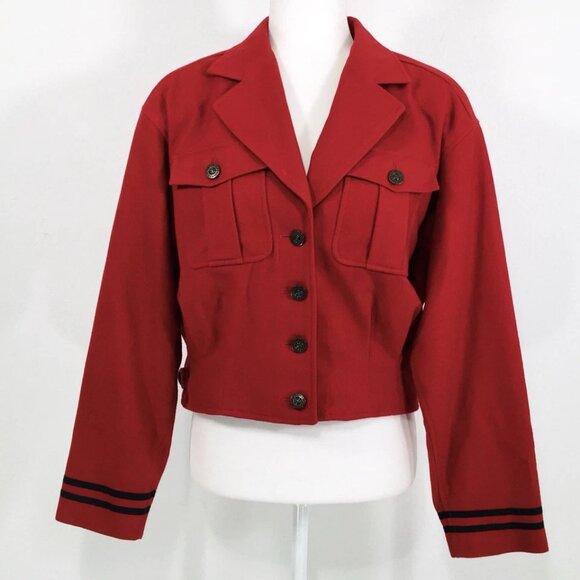 VTG LizWear Women’s Soft Wool Coat Sz S-M Red Military Style Button Up Cropped